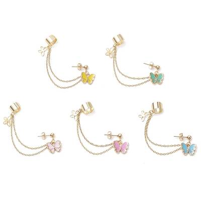 Butterfly Alloy Enamel Chains Tassel Dangle Earrings with Ear Cuff