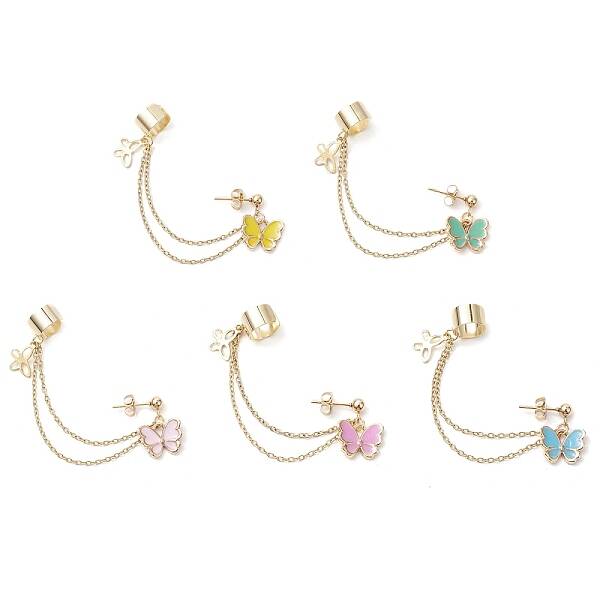Butterfly Alloy Enamel Chains Tassel Dangle Earrings with Ear Cuff