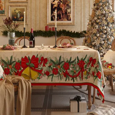 Green Leaves Cherry Floral Bell Christmas Tablecloth - Aperturee