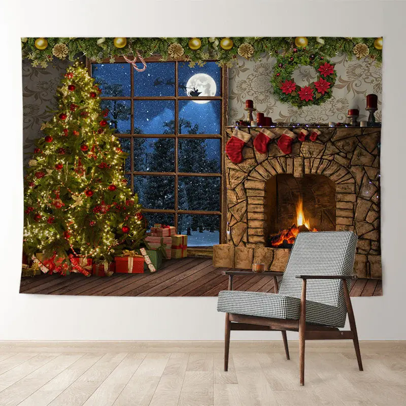 Aperturee Fireplace Gift Tree Snowin Eve Christmas Backdrop