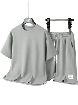 Two-piece Set Men's Solid Color Crew Neck Short Sleeve Tee & Drawstring Waist Shorts, Regular Fit Casual Round Neck T-shirt &...