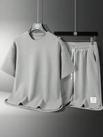 Two-Piece Set Men's Solid Color Short Sleeve Tee & Drawstring Waist Shorts, Regular Fit Casual Round Neck T-shirt & Pocket Sh...