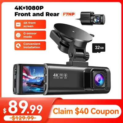 REDTIGER F7NP 4K Front Rear Dash Cam with Double-4 Fuses Free 32GB Card 3.16 IPS Screen Night Vision 170° Wide Angle WDR G...