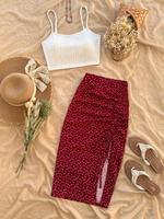 Women's Solid Color Crop Cami Top & All Over Heart Print Skirt Two-piece Set, Sleeveless Spaghetti Strap Top & Skirt, Casual ...