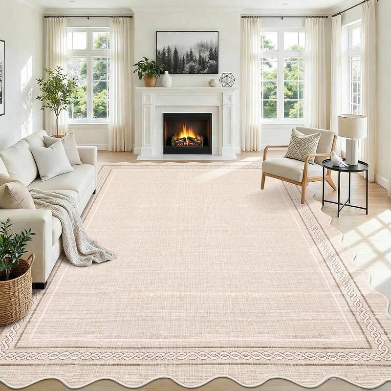 Garvee Scalloped Large Washable 10x14 Area Rug for Living Room Beige Neutral Non Slip Soft Bedroom Rugs Large Low Pile Foldab...