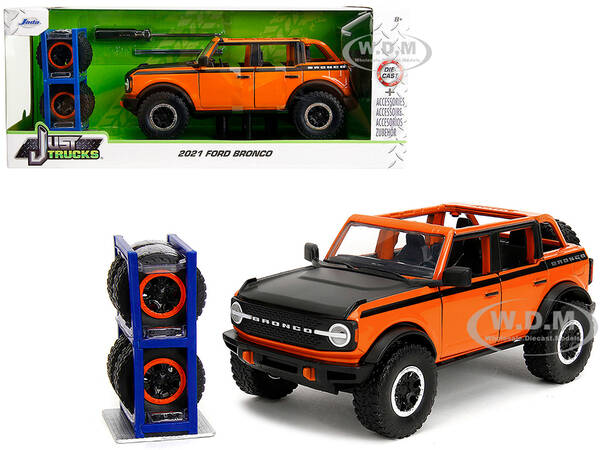 2021 Ford Bronco Open-Top Orange with Black Stripes and Hood with Extra Wheels \