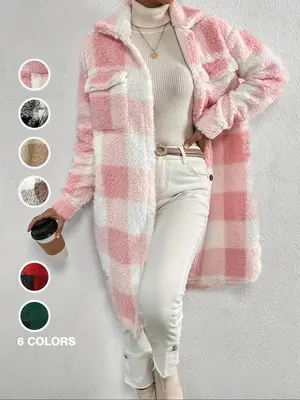 Women's Plaid Print Button Front Pocket  Fuzzy Coat, Casual Long Sleeve Collared Outerwear for Fall & Winter, Women's Clothes...