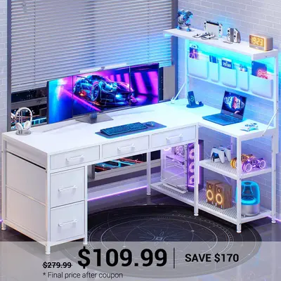 SEDETA 47.2 Inch Reversible L Shaped Gaming Desk with LED Lights and Drawers Storage Shelves White Home Office Furniture