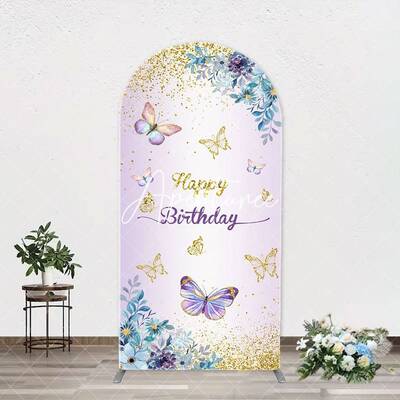 Purple Floral Gold Butterfly Arch Birthday Backdrop
