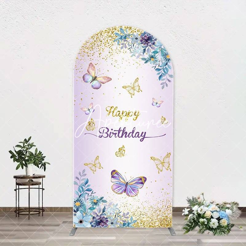 Purple Floral Gold Butterfly Arch Birthday Backdrop