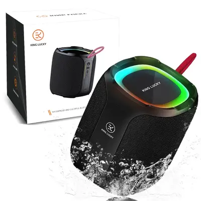 IPX7 waterproof portable outdoor Bluetooth speaker with 20W stereo sound, active extra bass, multi-color lights, and 5-10 hou...