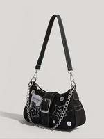 Women's Fashion Star Patched Tote Shoulder Bag, Vintage Y2k Style Chain Decor Underarm Bag for Party & Back To School, Casual...
