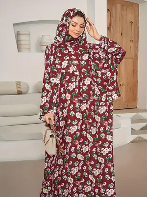 Women's Ditsy Floral Print Long Sleeve Hooded Abaya, Elegant Batwing Sleeve Maxi Muslim Dress, Ladies Islamic Clothing for Al...