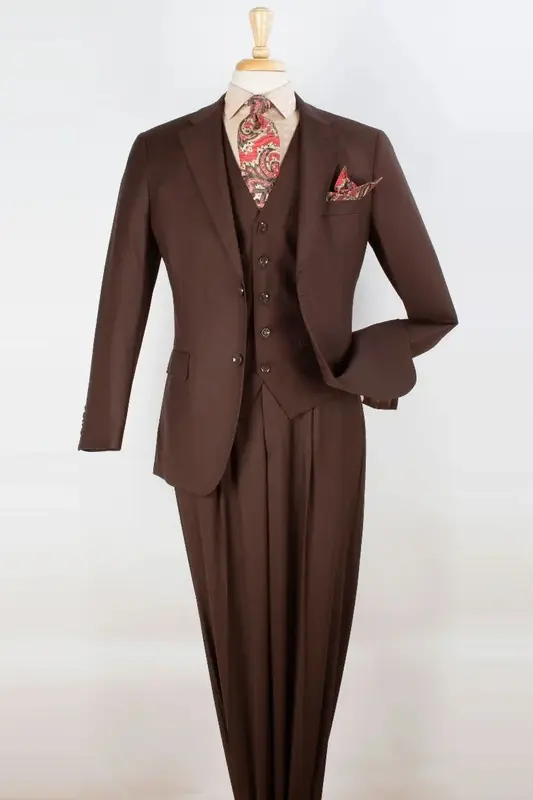 Classic Fit Men's Vested Suit with Two-Button Pleated Pant in Brown