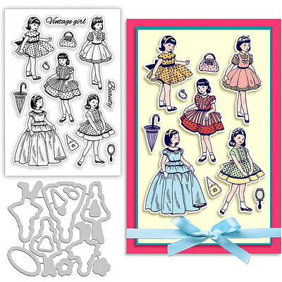 BENECREAT Vintage Girl Rubber Stamps and Cut Dies Set