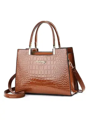 Women's PU Crocodile Embossed Square Handbag As Gift, Fashion Letter Label Classic Tote Bag for Work & Office, Elegant Matchi...