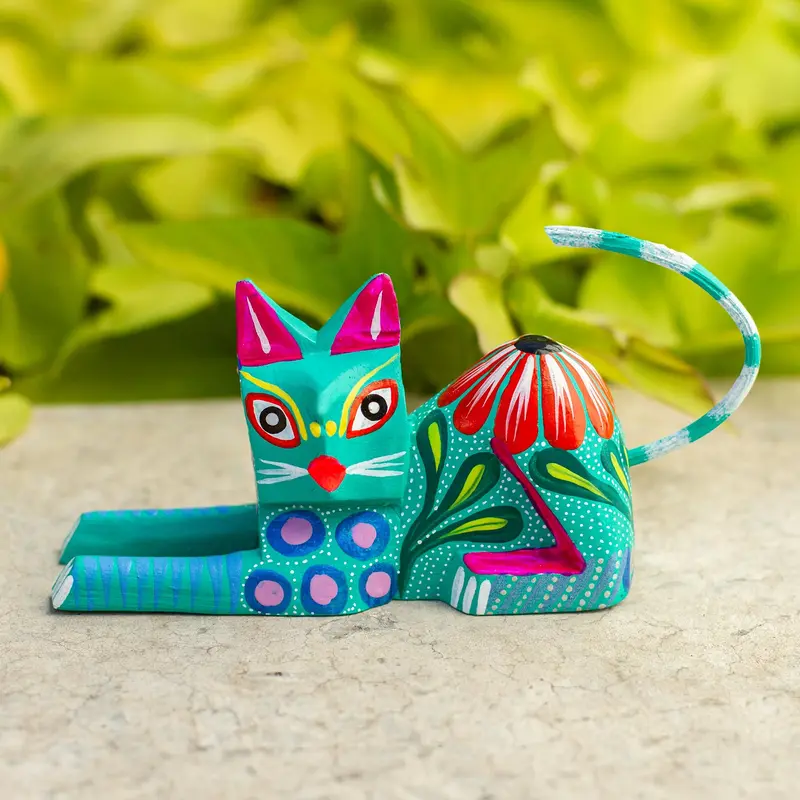 NOVICA Excited Cat in Teal Copal Wood Alebrije Cat Sculpture in Teal from Mexico