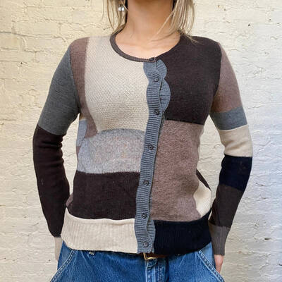 Patchwork Love Moschino Cardigan - Small Brown Wool Blend