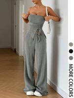 Women's Solid Tie Front Top & Wide Leg Pants Two-piece Set, Casual Fashion Cozy Top & Trousers for Daily Outdoor Wear, 2 Piec...
