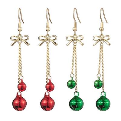 2Pairs 2 Colors Christmas Theme Brass Bell & Bowknot Dangle Earrings