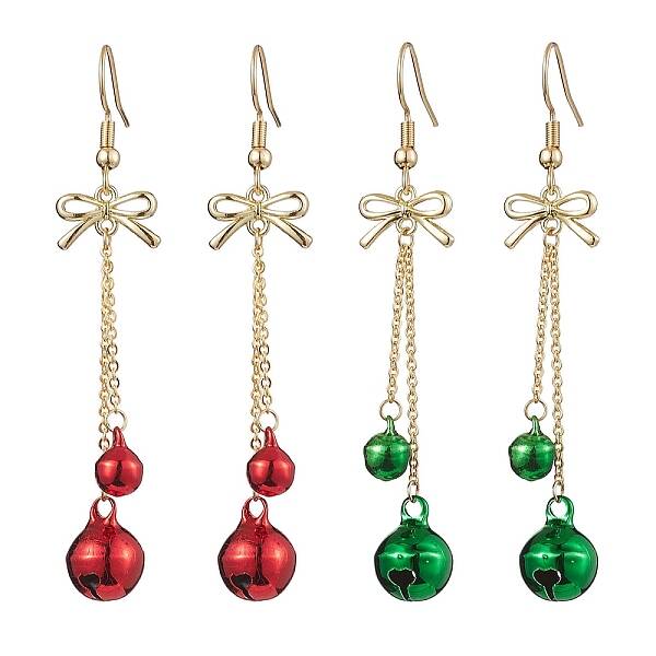 2Pairs 2 Colors Christmas Theme Brass Bell & Bowknot Dangle Earrings
