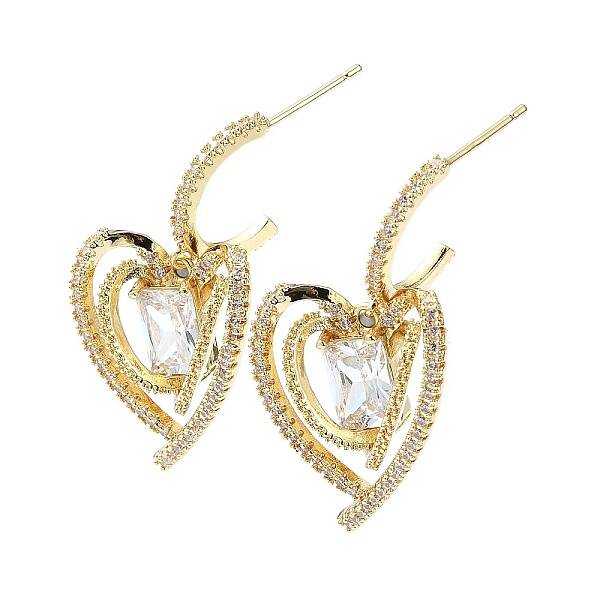 Heart Brass Micro Pave Cubic Zirconia Stud Earrings