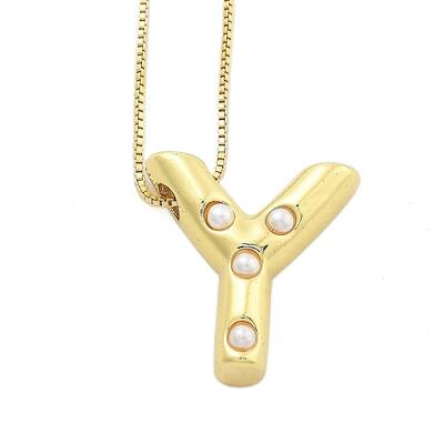 Brass & Plastic Pearl Letter Pendant Box Chain Necklaces for Women
