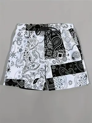 Men's Summer Clothes Loose Ethnic Pattern Drawstring Waist Shorts, Stylish Menswear, Bohemian Breathable Casual Pocket Design...