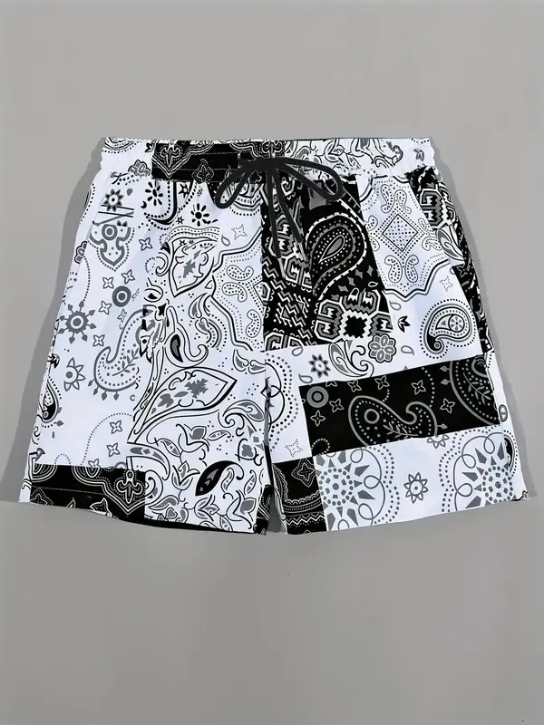 Men's Summer Clothes Loose Ethnic Pattern Drawstring Waist Shorts, Stylish Menswear, Bohemian Breathable Casual Pocket Design...