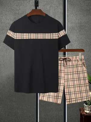 Two Pieces Men's Patchwork Short Sleeve Round Neck Tee & Drawstring Pocket Plaid Shorts Set, Summer Clothes, Printed Clothes...