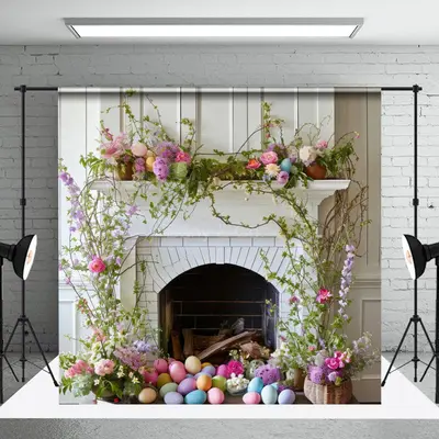 White Fireplace Egg Leaves Easter Backdrop For Photo - Aperturee