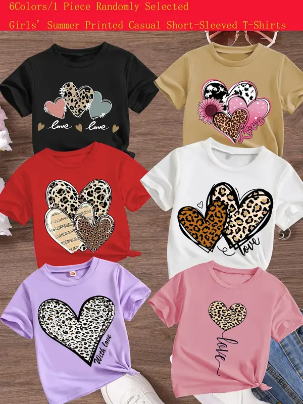 Girls Summer Fashion Leopard Heart Print Comfortable Short Sleeve T-Shirt, Random Style, Casual Fit, Perfect Gift for Kids