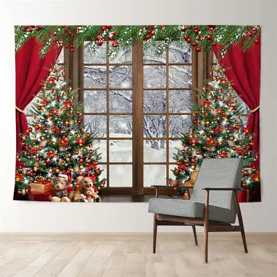 Aperturee Glitter Tree Red Curtain Window Snow Xmas Backdrop