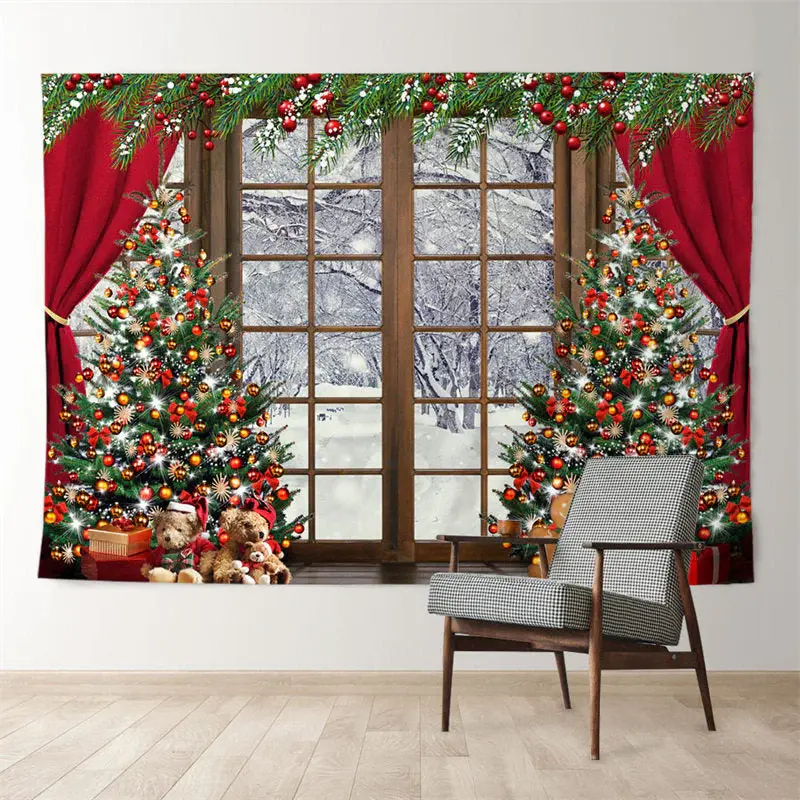 Aperturee Glitter Tree Red Curtain Window Snow Xmas Backdrop