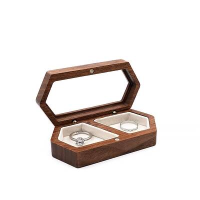 2-Slot Hexagon Walnut Wood Magnetic Wedding Ring Gift Case