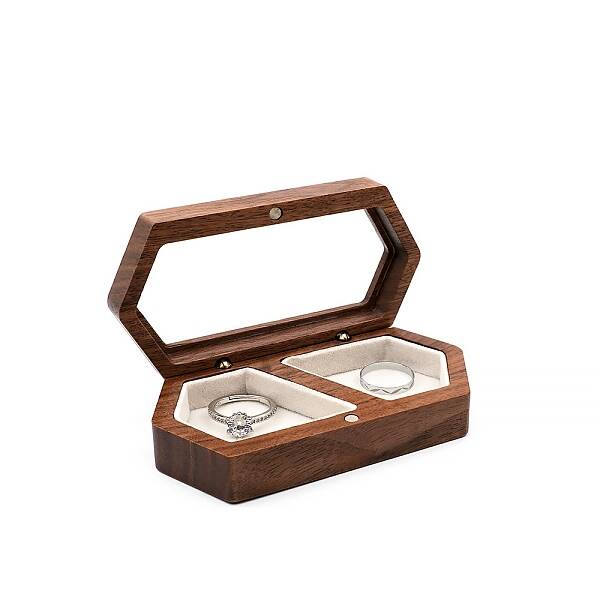 2-Slot Hexagon Walnut Wood Magnetic Wedding Ring Gift Case