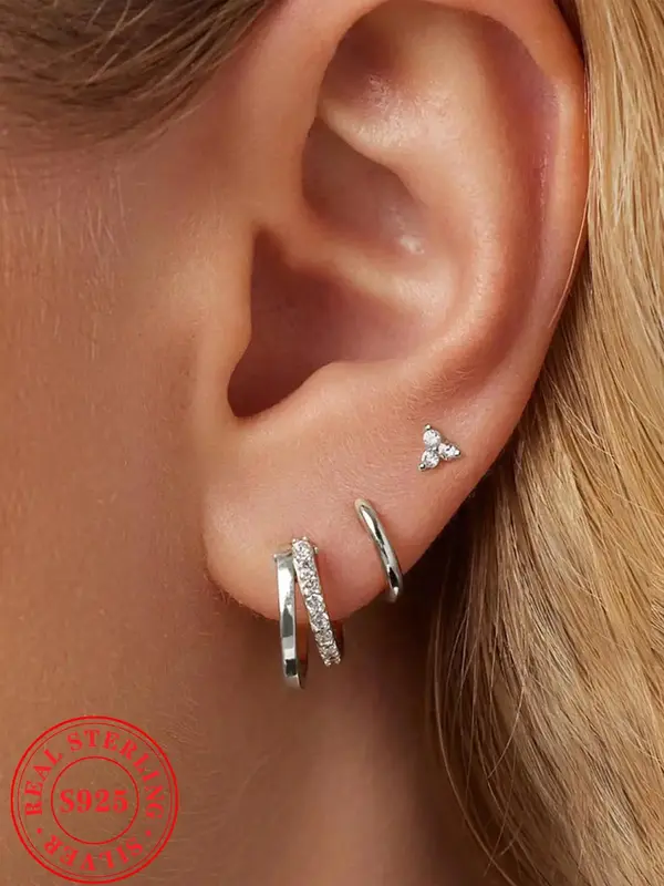 S925 Sterling Silver Glittering Earrings Set, Elegant Stud & Hoop Earrings for Women for Party, Daily Decor, Trendy All-match...