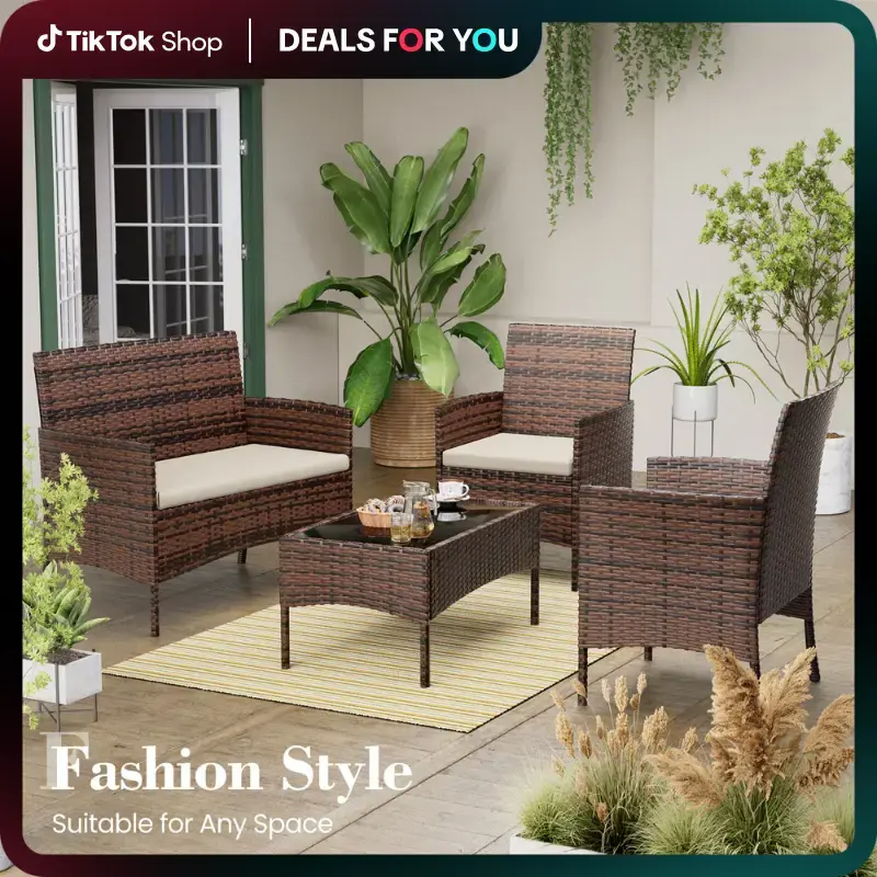 UDPATIO Outdoor Rattan Patio Furniture Set with Cushions and Coffee Table Hand -Woven PE Rattan for Garden Balcony Backyard E...