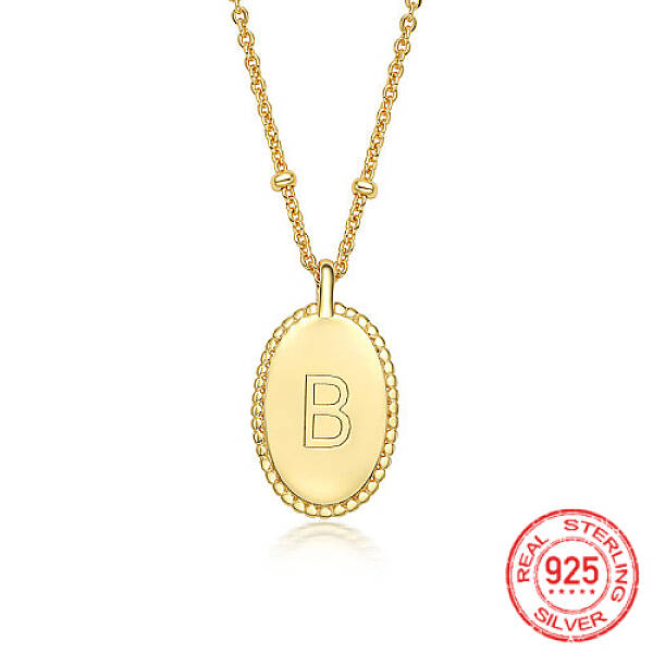 925 Sterling Silver Letter Initial Oval Pendant Necklaces for Women