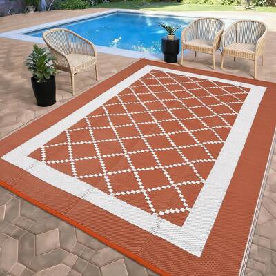 Garvee Modern Washable Outdoor Area Rug 10x14ft - Terracotta Orange/White - Reversible, Plastic Straw, Waterproof, UV Resista...