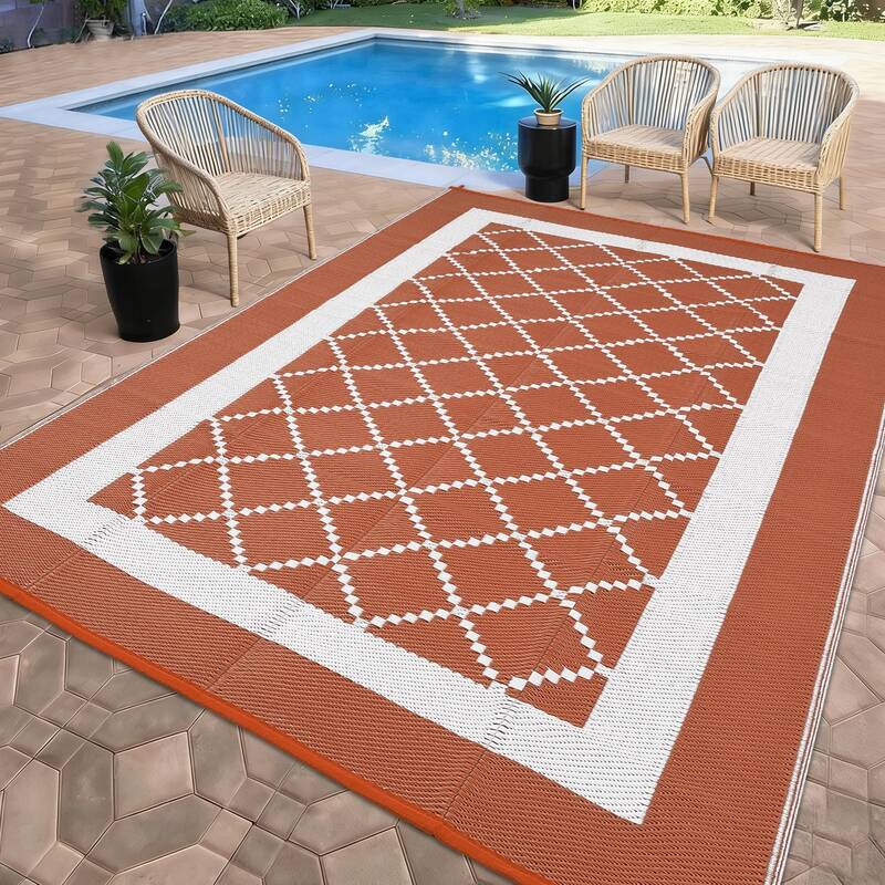 Garvee Modern Washable Outdoor Area Rug 10x14ft - Terracotta Orange/White - Reversible, Plastic Straw, Waterproof, UV Resista...