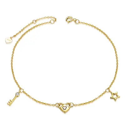 14K Yellow Gold Round Moissanite Heart With Key With Lock With Star Charm Bracelet For Women