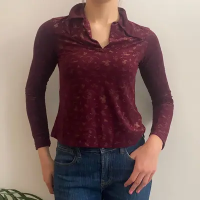 Fiorucci Graphic Long Sleeve Top - Small Burgundy Polyester