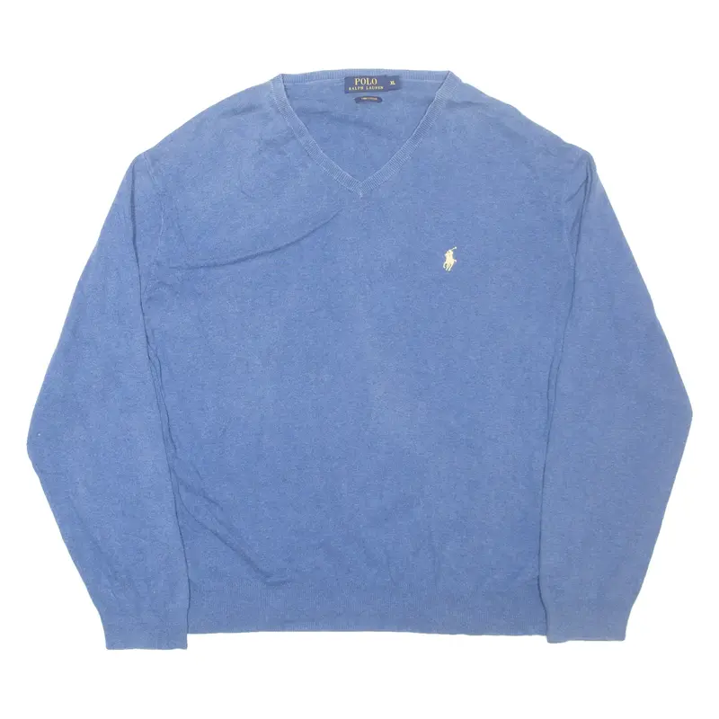 POLO RALPH LAUREN Mens Jumper Blue V-Neck Tight Knit XL