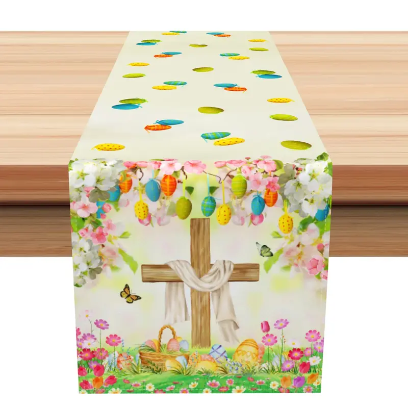 Aperturee Spring Colorful Egg Cross Floral Easter Table Runner | Seasonal Printed Table Runner | Custom Table Cloth Runner | ...