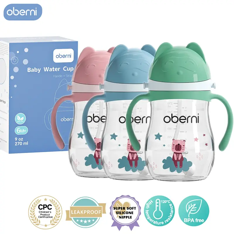 Oberni Water Bottle 270ml/9oz Leakproof and No Spill Sippy Cup, BPA-Free PP Tritan Straw Cups for Toddler 1-3 Years Baby