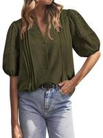 BTFBM Womens Casual Summer Top 2025 Lace Puff Sleeve Tops V Neck Button Down Shirts Loose Dressy Work Business Blouse #Outdoo...