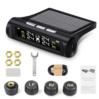 Car Tire Pressure Monitoring System, Wireless Solar TPMS, Tire Pressure Monitor with 4 External Sensors, Real-time Display Te...