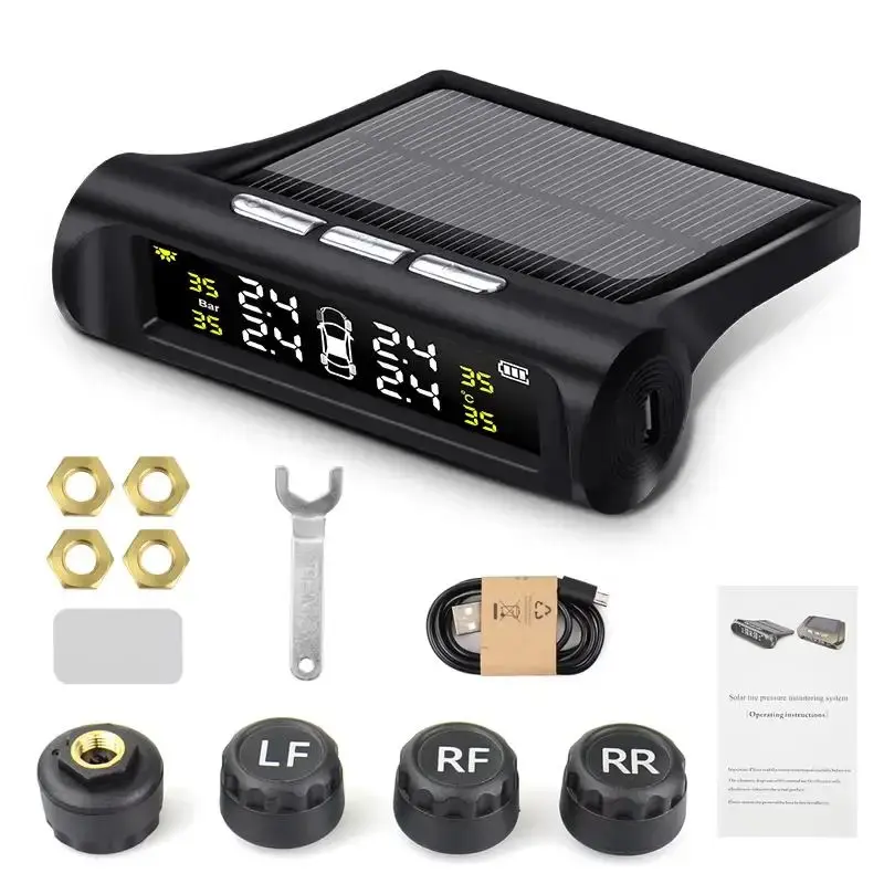 Car Tire Pressure Monitoring System, Wireless Solar TPMS, Tire Pressure Monitor with 4 External Sensors, Real-time Display Te...