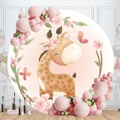 Aperturee Pink Floral And Giraffe Round Baby Shower Backdrop